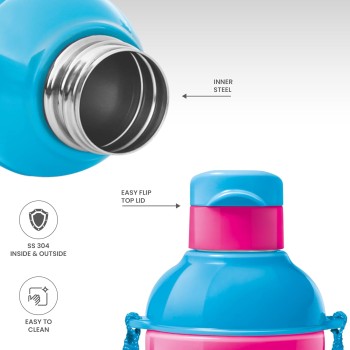 Milton Steel Barbie 600 Insulated Inner Stainless Steel Kids Water Bottle, 390 ml, Cherry Pink and Blue | PU Insulated | Hot and Cold | Easy to Carry | Leak Proof