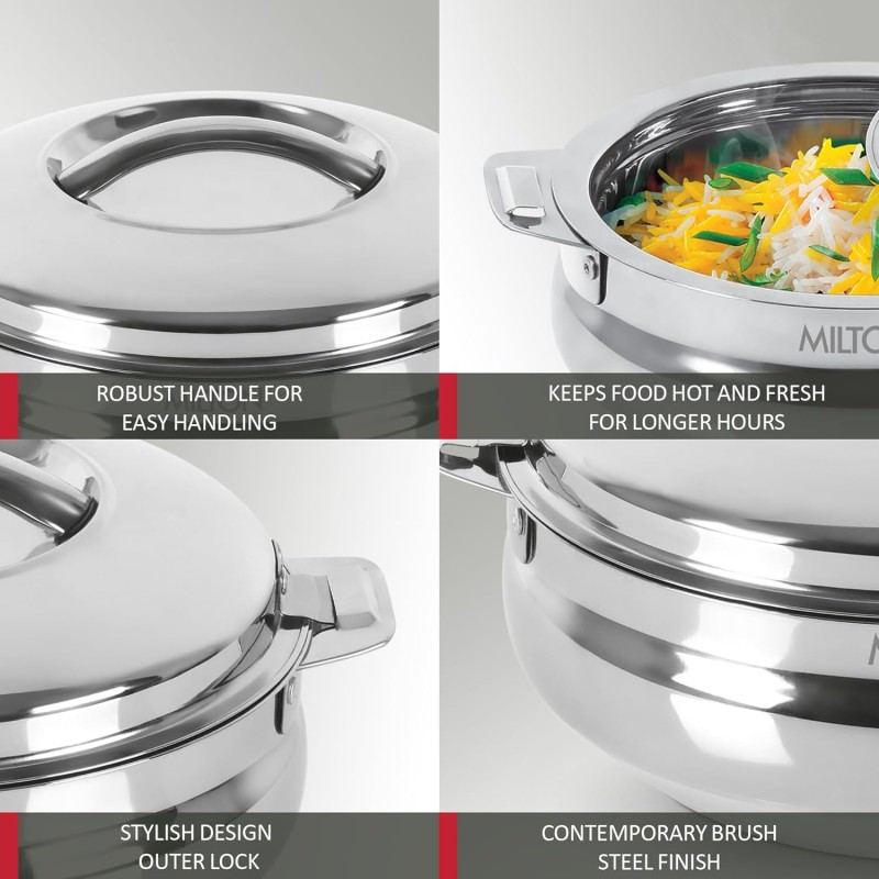 MILTON Sphere 1500 Stainless Steel Casserole, 1.69 Litre, Silver | Double Walled | PU Insulated | Hot and Cold | Food Grade | Easy to Lift Handle | Hygienic