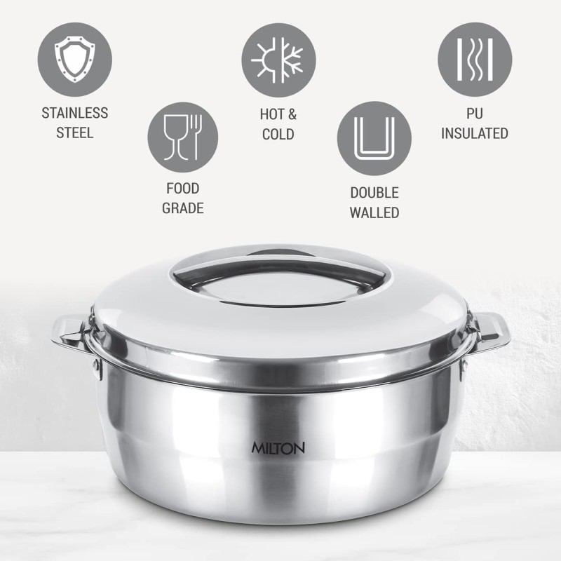MILTON Empress 1500 Stainless Steel Casserole, 1500 ml, Silver | Double Walled | PU Insulated | Hot and Cold | Food Grade | Easy to Lift Handle | Hygienic | Odourless