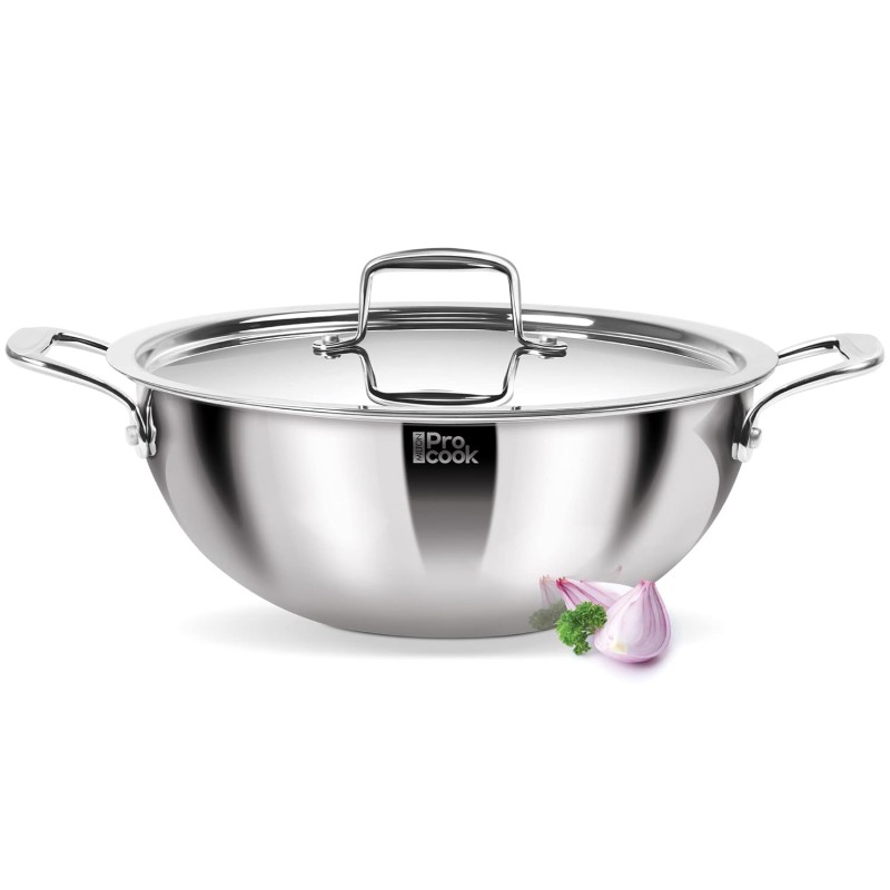 MILTON Pro cook Triply Deep Kadhai with Stainless Steel Lid, 28 cm, 5.5 litres, Silver | 3 Years Warranty | Dishwasher | Induction | Hot Plate | Flame Safe