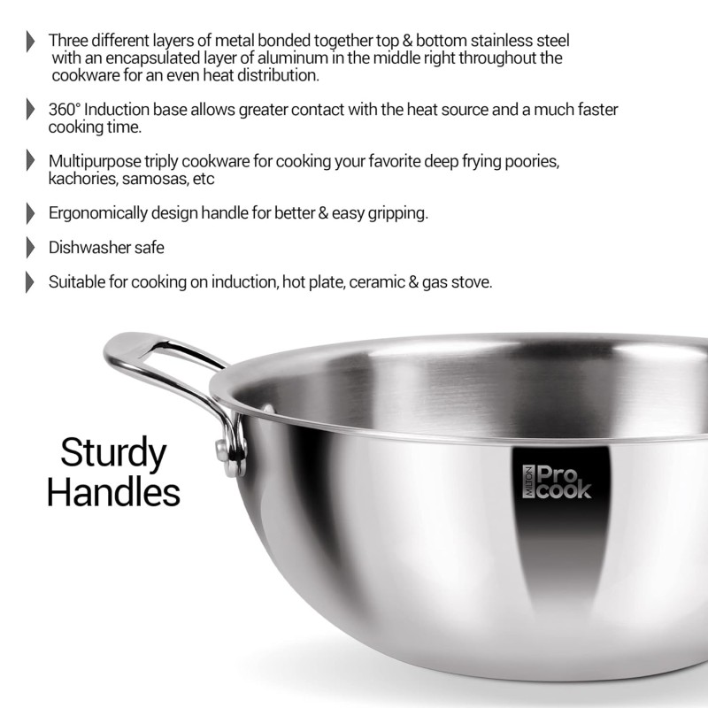 MILTON Pro cook Triply Deep Kadhai with Stainless Steel Lid, 28 cm, 5.5 litres, Silver | 3 Years Warranty | Dishwasher | Induction | Hot Plate | Flame Safe