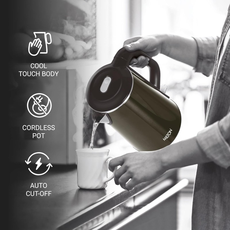 Milton Euroline Hagen Electric Kettle,1.8 Litre, Stainless Steel, Double Walled, Cool Touch Outer Body with Auto Shut Off, Power Indicator, Dry Boil and Excess Steam, 1500 Watts, Black