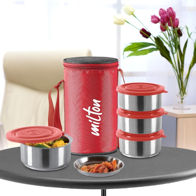 MILTON Ambition 4 Stainless Steel Tiffin, 4 Containers, 300 ml Each with Jacket, Red | Light Weight | Easy to Carry | Leak Proof | Food Grade | Odour Proof MILTON Ambition 4 Stainless Steel Tiffin, 4 Containers, 300 ml Each with Jacket, Red | Light Weight | Easy to Carry | Leak Proof | Food Grade | Odour Proof