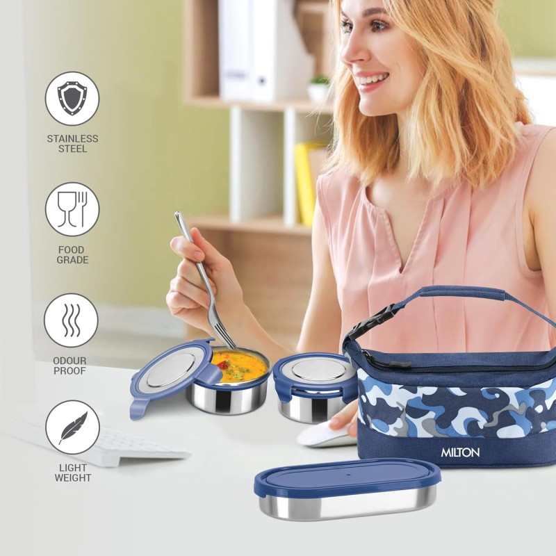 MILTON Camo Delight Stainless Steel Tiffin (2 Click Lock Round Containers, 280 ml Each; 1 Oval Container, 450 ml) with Insulated Jacket, Blue | Leak and Odour Proof | Office Lunch Box