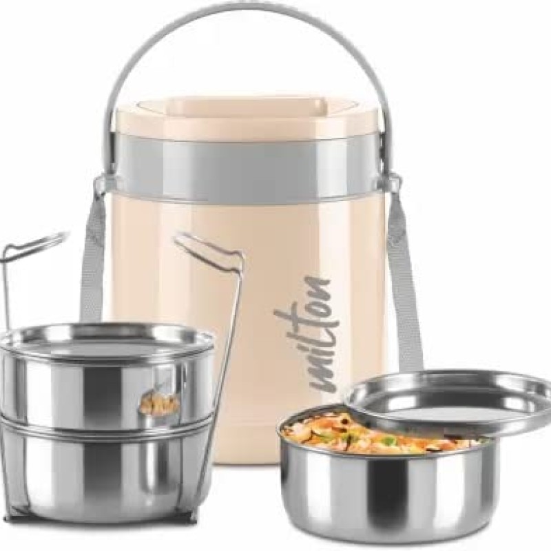 MILTON Classic Stainless Steel Tiffin with Lifter, 3 Container, 300 ml Each, Ivory | PU Insulated | Food Grade | Easy to Carry | Hot and Cold | Office | Outdoors | Food Grade