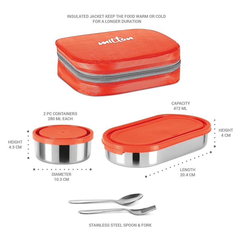 MILTON Cubite Stainless Steel Tiffin, 3 Containers (280 ml, 280 ml, 472 ml) with Jacket, Spoon and Fork, Red | Lunch Box | Food Grade | Odour Proof | Light Weight | Hygienic