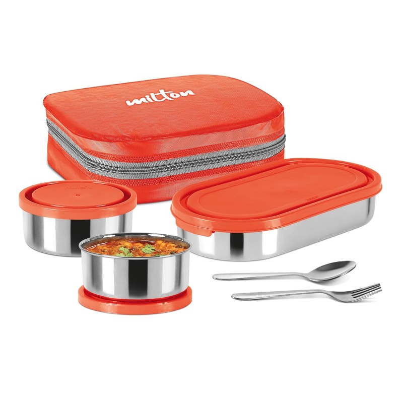 MILTON Cubite Stainless Steel Tiffin, 3 Containers (280 ml, 280 ml, 472 ml) with Jacket, Spoon and Fork, Red | Lunch Box | Food Grade | Odour Proof | Light Weight | Hygienic