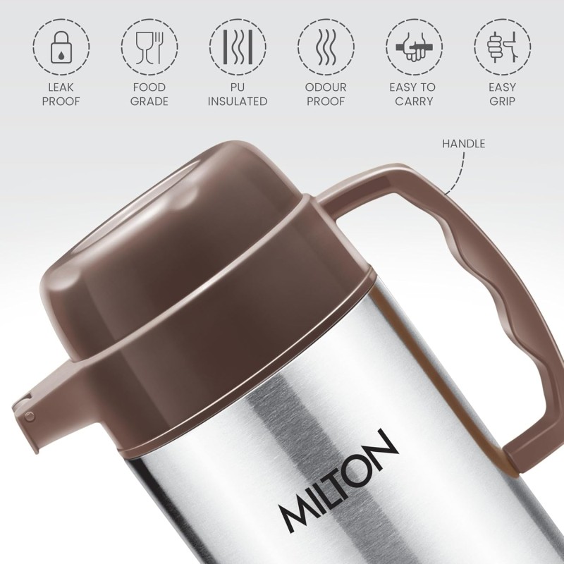 Milton Dura 1000 Stainless Steel Tuff Insulated Jug, 1000 ml, Brown | Leak Proof | Food Grade | PU Insulated | Hot and Cold