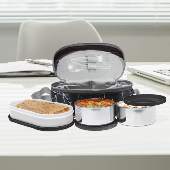 MILTON Executive Lunch Insulated Tiffin, 2 Round Containers, 280 ml Each, 1 Oval Container, 450 ml, Black MILTON Executive Lunch Insulated Tiffin, 2 Round Containers, 280 ml Each, 1 Oval Container, 450 ml, Black