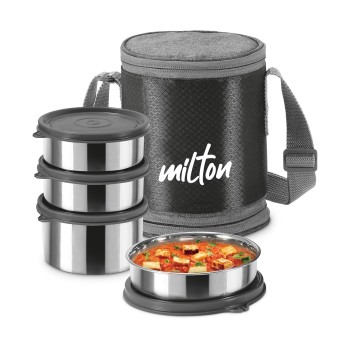 MILTON Expando 3+1 Lunch Box (4 Stainless Steel Container, 200 ml, 320 ml, 320 ml, 500 ml) with Insulated Jacket, Black | Leak and Odour Proof | Food Grade | Easy to Carry | Office | College