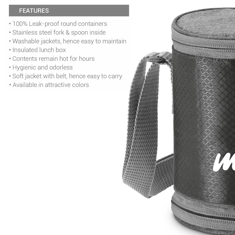 MILTON Expando 3+1 Lunch Box (4 Stainless Steel Container, 200 ml, 320 ml, 320 ml, 500 ml) with Insulated Jacket, Black | Leak and Odour Proof | Food Grade | Easy to Carry | Office | College