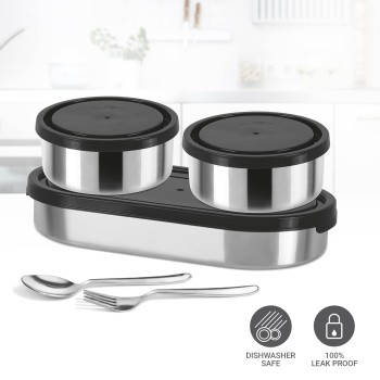 MILTON Master Stainless Steel Lunch Box (Oval Container, 450ml; 2 Leak Proof Round Container, 280 ml; Spoon and Fork) with Insulated Jacket, Black | Tiffin | Food Grade | Easy to Carry | Odour Proof