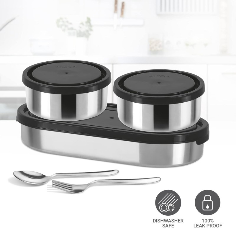 MILTON Master Stainless Steel Lunch Box (Oval Container, 450ml; 2 Leak Proof Round Container, 280 ml; Spoon and Fork) with Insulated Jacket, Black | Tiffin | Food Grade | Easy to Carry | Odour Proof