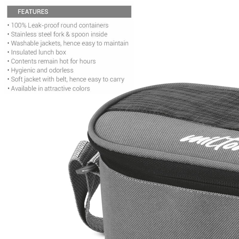 MILTON Master Stainless Steel Lunch Box (Oval Container, 450ml; 2 Leak Proof Round Container, 280 ml; Spoon and Fork) with Insulated Jacket, Black | Tiffin | Food Grade | Easy to Carry | Odour Proof
