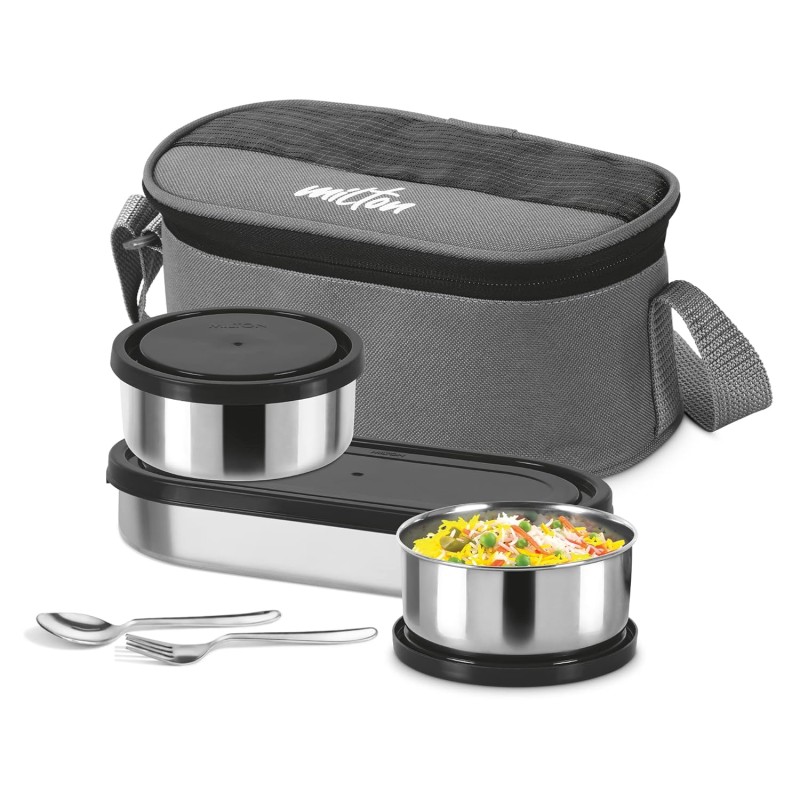 MILTON Master Stainless Steel Lunch Box (Oval Container, 450ml; 2 Leak Proof Round Container, 280 ml; Spoon and Fork) with Insulated Jacket, Black | Tiffin | Food Grade | Easy to Carry | Odour Proof