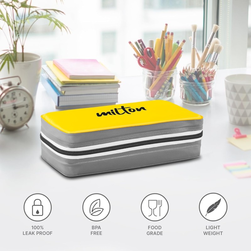 MILTON Plastic New Mini LuInch Insulated Tiffin, Set of 2, (280 Ml Each), with Jacket, Yellow Light Weight Leak Proof Easy to Carry MILTON Plastic New Mini LuInch Insulated Tiffin, Set of 2, (280 Ml Each), with Jacket, Yellow Light Weight Leak Proof Easy to Carry