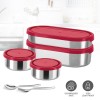 MILTON Triple Decker Stainless Steel Lunch Box (2 Oval Container, 675 ml and 450ml; 2 Leak Proof Round Container, 280 ml; Spoon and Fork) with Insulated Jacket, Red | Tiffin | Food Grade | Easy to Carry