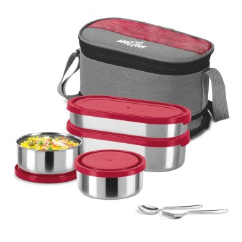 MILTON Triple Decker Stainless Steel Lunch Box (2 Oval Container, 675 ml and 450ml; 2 Leak Proof Round Container, 280 ml; Spoon and Fork) with Insulated Jacket, Red | Tiffin | Food Grade | Easy to Carry