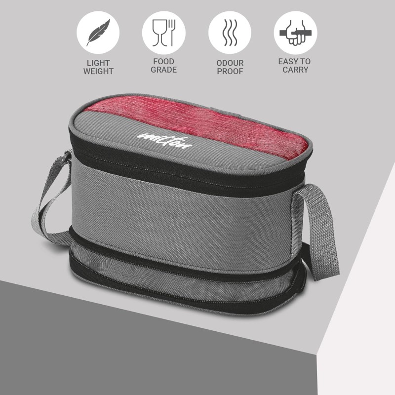 MILTON Triple Decker Stainless Steel Lunch Box (2 Oval Container, 675 ml and 450ml; 2 Leak Proof Round Container, 280 ml; Spoon and Fork) with Insulated Jacket, Red | Tiffin | Food Grade | Easy to Carry