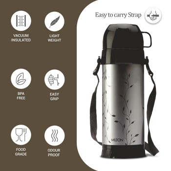 Milton Eiffel 1000 Vacuum Insulated Thermos Flask with Strap to Carry, 910 ml, 24 Hours Hot and Cold Water Bottle for Office, Hiking, Trekking, Travel, Black