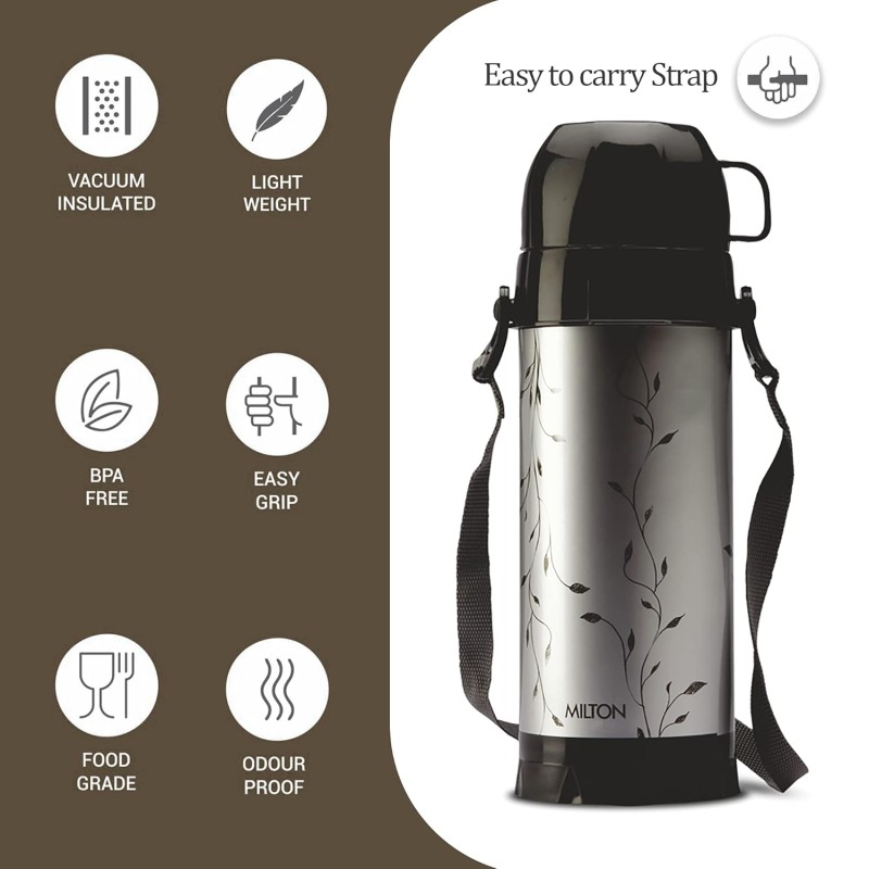 Milton Eiffel 1000 Vacuum Insulated Thermos Flask with Strap to Carry, 910 ml, 24 Hours Hot and Cold Water Bottle for Office, Hiking, Trekking, Travel, Black