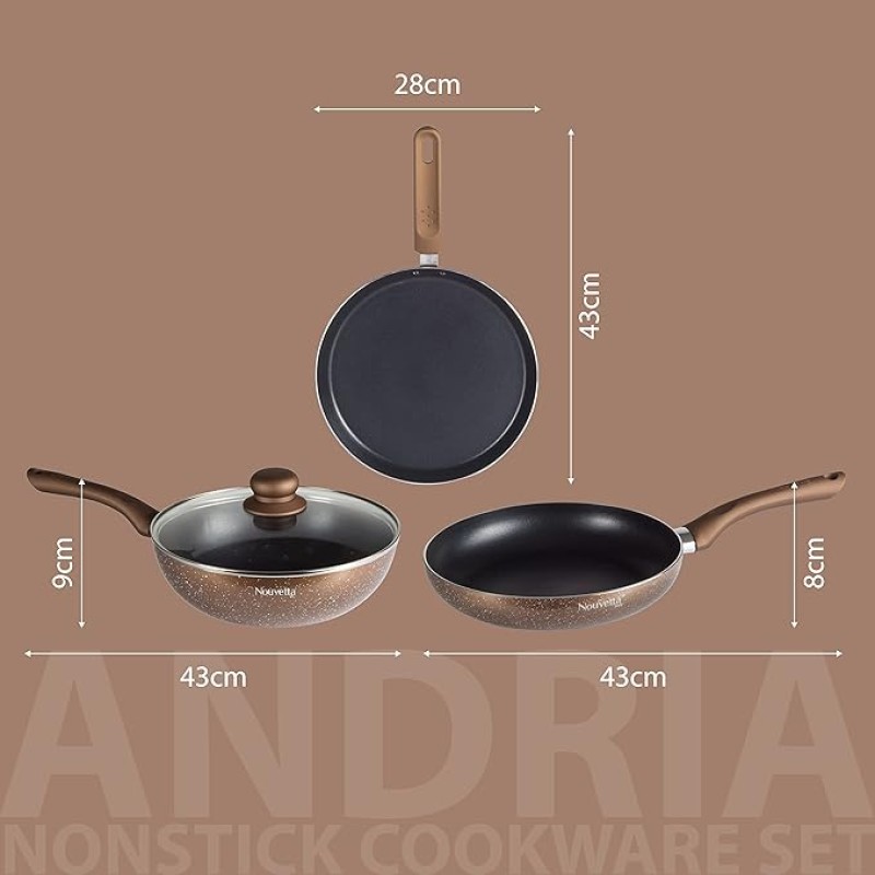 Nouvetta Andria Non-Stick Cookware Set of 5 peices (Dosa Tawa, Kadhai,Frying Pan, Glass Lid,Serving Spoon), Thickness of 3 mm, Coffee Nouvetta Andria Non-Stick Cookware Set of 5 peices (Dosa Tawa, Kadhai,Frying Pan, Glass Lid,Serving Spoon), Thickness of 3 mm, Coffee