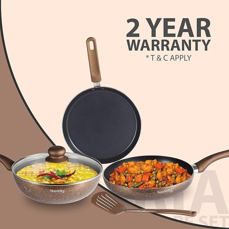 Nouvetta Andria Non-Stick Cookware Set of 5 peices (Dosa Tawa, Kadhai,Frying Pan, Glass Lid,Serving Spoon), Thickness of 3 mm, Coffee Nouvetta Andria Non-Stick Cookware Set of 5 peices (Dosa Tawa, Kadhai,Frying Pan, Glass Lid,Serving Spoon), Thickness of 3 mm, Coffee
