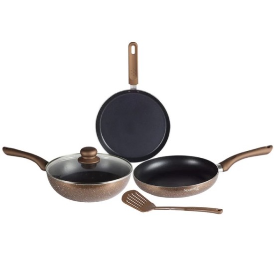 Nouvetta Andria Non-Stick Cookware Set of 5 peices (Dosa Tawa, Kadhai,Frying Pan, Glass Lid,Serving Spoon), Thickness of 3 mm, Coffee