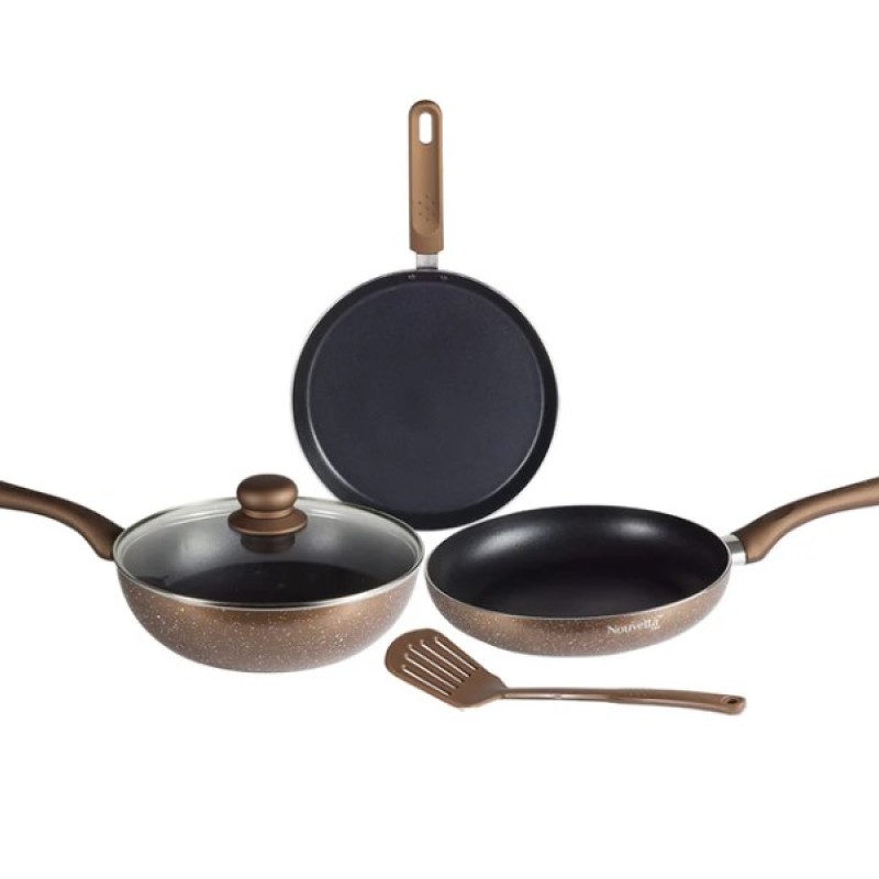 Nouvetta Andria Non-Stick Cookware Set of 5 peices (Dosa Tawa, Kadhai,Frying Pan, Glass Lid,Serving Spoon), Thickness of 3 mm, Coffee Nouvetta Andria Non-Stick Cookware Set of 5 peices (Dosa Tawa, Kadhai,Frying Pan, Glass Lid,Serving Spoon), Thickness of 3 mm, Coffee