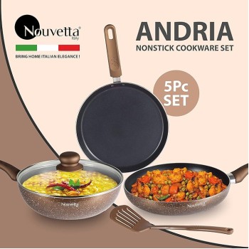 Nouvetta Andria Non-Stick Cookware Set of 5 peices (Dosa Tawa, Kadhai,Frying Pan, Glass Lid,Serving Spoon), Thickness of 3 mm, Coffee Nouvetta Andria Non-Stick Cookware Set of 5 peices (Dosa Tawa, Kadhai,Frying Pan, Glass Lid,Serving Spoon), Thickness of 3 mm, Coffee