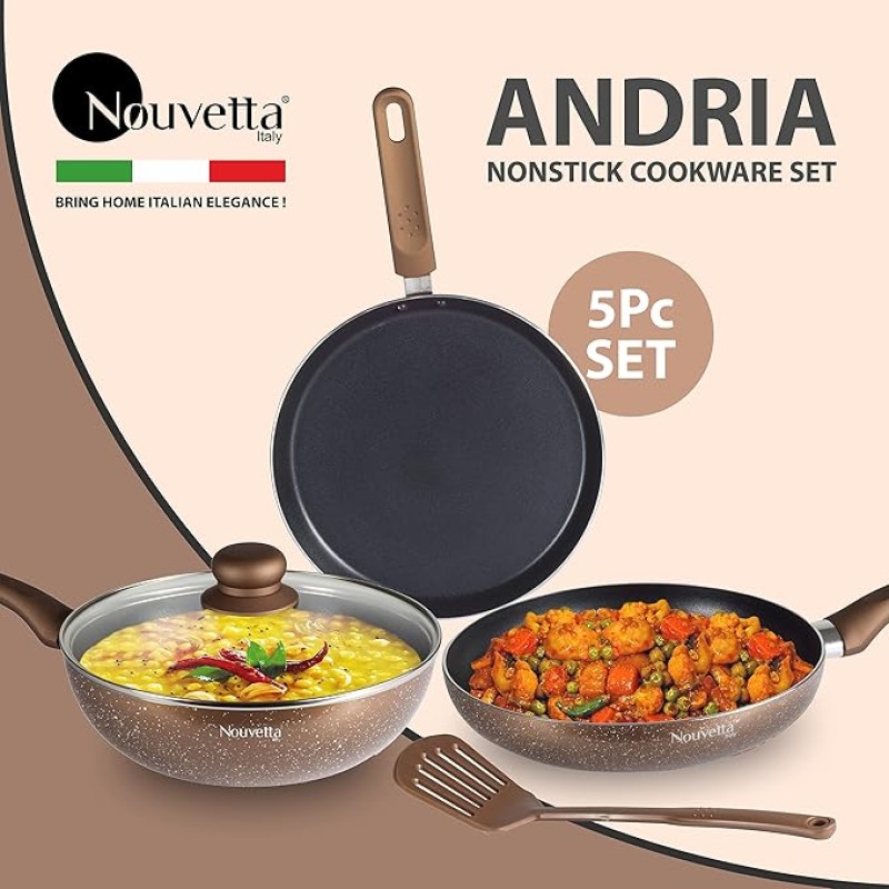 Nouvetta Andria Non-Stick Cookware Set of 5 peices (Dosa Tawa, Kadhai,Frying Pan, Glass Lid,Serving Spoon), Thickness of 3 mm, Coffee Nouvetta Andria Non-Stick Cookware Set of 5 peices (Dosa Tawa, Kadhai,Frying Pan, Glass Lid,Serving Spoon), Thickness of 3 mm, Coffee