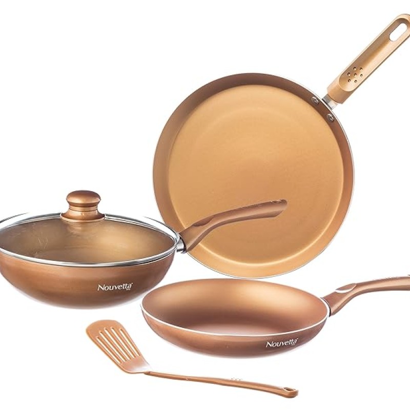 Nouvetta Andria Non-Stick Cookware Set of 5 peices (Dosa Tawa, Kadhai,Frying Pan, Glass Lid,Serving Spoon), Thickness of 3 mm, Copper Nouvetta Andria Non-Stick Cookware Set of 5 peices (Dosa Tawa, Kadhai,Frying Pan, Glass Lid,Serving Spoon), Thickness of 3 mm, Copper