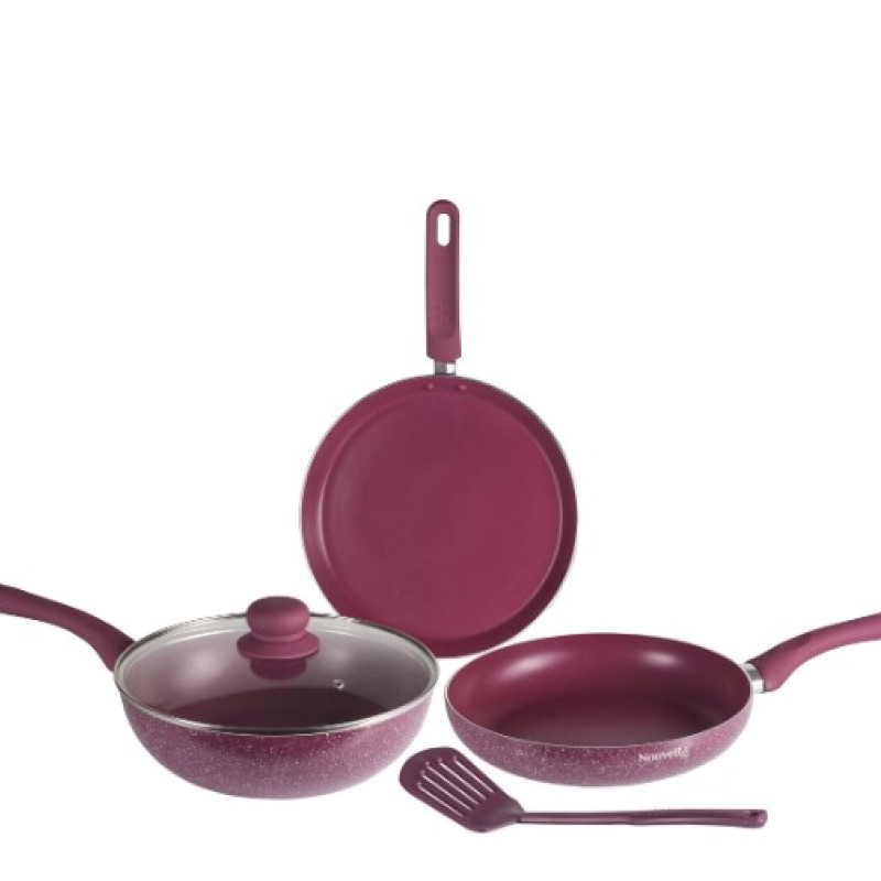 Nouvetta Andria Non-Stick Cookware Set of 5 peices (Dosa Tawa, Kadhai,Frying Pan, Glass Lid,Serving Spoon), Thickness of 3 mm, Maroon Nouvetta Andria Non-Stick Cookware Set of 5 peices (Dosa Tawa, Kadhai,Frying Pan, Glass Lid,Serving Spoon), Thickness of 3 mm, Maroon