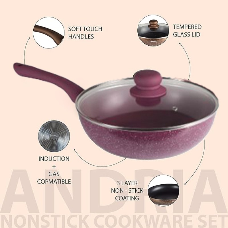 Nouvetta Andria Non-Stick Cookware Set of 5 peices (Dosa Tawa, Kadhai,Frying Pan, Glass Lid,Serving Spoon), Thickness of 3 mm, Maroon Nouvetta Andria Non-Stick Cookware Set of 5 peices (Dosa Tawa, Kadhai,Frying Pan, Glass Lid,Serving Spoon), Thickness of 3 mm, Maroon