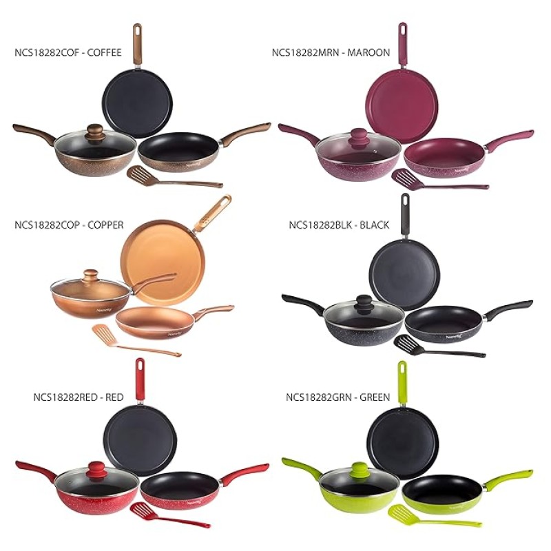 Nouvetta Andria Non-Stick Cookware Set of 5 peices (Dosa Tawa, Kadhai,Frying Pan, Glass Lid,Serving Spoon), Thickness of 3 mm, Maroon Nouvetta Andria Non-Stick Cookware Set of 5 peices (Dosa Tawa, Kadhai,Frying Pan, Glass Lid,Serving Spoon), Thickness of 3 mm, Maroon