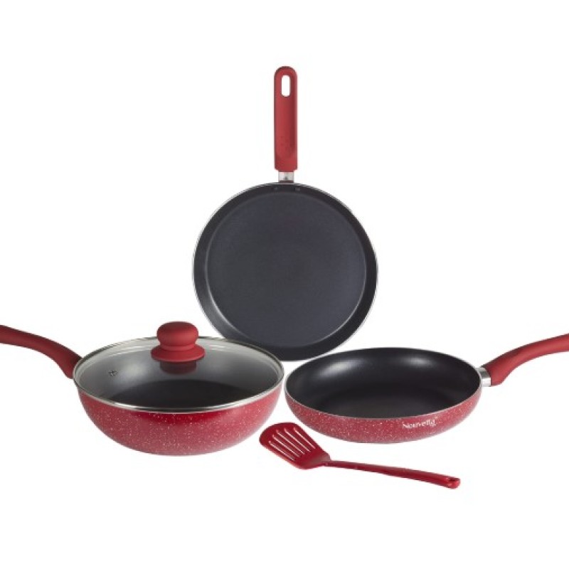 Nouvetta Andria Non-Stick Cookware Set of 5 peices (Dosa Tawa, Kadhai,Frying Pan, Glass Lid,Serving Spoon), Thickness of 3 mm, Red Nouvetta Andria Non-Stick Cookware Set of 5 peices (Dosa Tawa, Kadhai,Frying Pan, Glass Lid,Serving Spoon), Thickness of 3 mm, Red