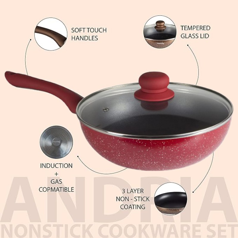 Nouvetta Andria Non-Stick Cookware Set of 5 peices (Dosa Tawa, Kadhai,Frying Pan, Glass Lid,Serving Spoon), Thickness of 3 mm, Red Nouvetta Andria Non-Stick Cookware Set of 5 peices (Dosa Tawa, Kadhai,Frying Pan, Glass Lid,Serving Spoon), Thickness of 3 mm, Red