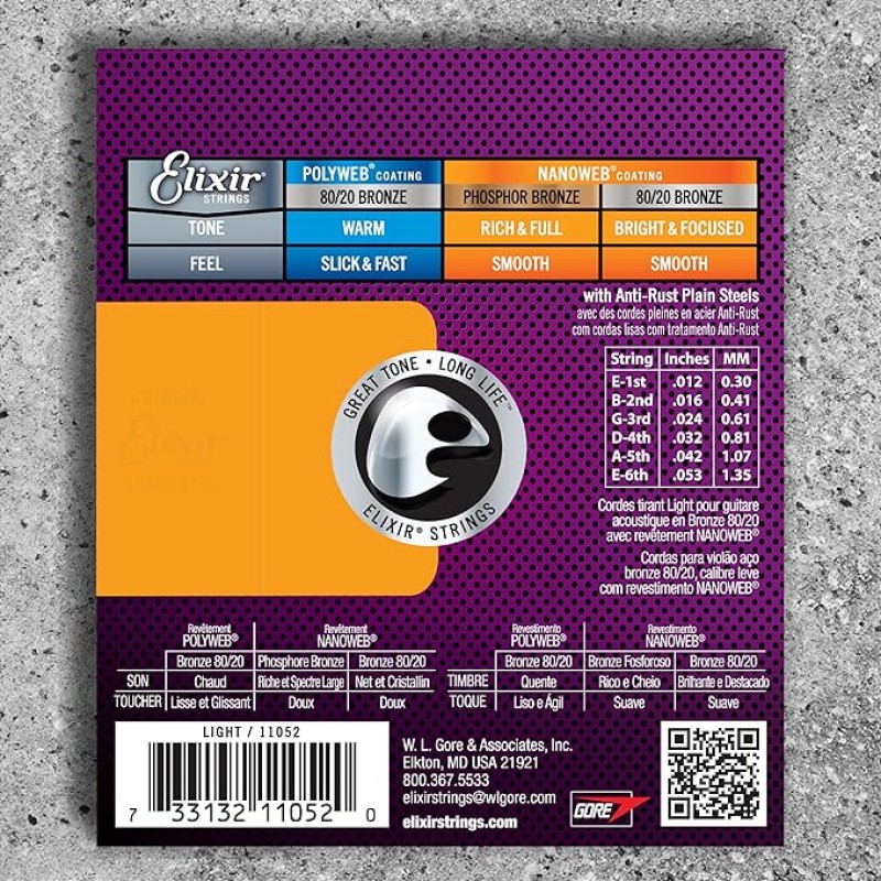 Elixir Light Nanoweb 80/20 Bronze Acoustic Guitar Strings
