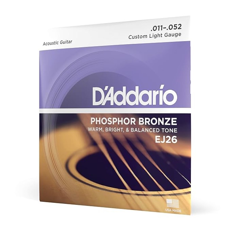 D'Addario EJ26 Acoustic 11-52 Custom Light Guitar Strings made of Phosphor Bronze for Warm, Bright & Balanced Tone D'Addario EJ26 Acoustic 11-52 Custom Light Guitar Strings made of Phosphor Bronze for Warm, Bright & Balanced Tone