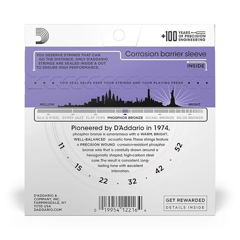 D'Addario EJ26 Acoustic 11-52 Custom Light Guitar Strings made of Phosphor Bronze for Warm, Bright & Balanced Tone D'Addario EJ26 Acoustic 11-52 Custom Light Guitar Strings made of Phosphor Bronze for Warm, Bright & Balanced Tone