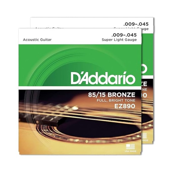 D'Addario Guitar Strings - Acoustic Guitar Strings - 85/15 Bronze - For 6 String Guitar - Full, Bright Tone - EZ890 - Super Light, 9-45 D'Addario Guitar Strings - Acoustic Guitar Strings - 85/15 Bronze - For 6 String Guitar - Full, Bright Tone - EZ890 - Super Light, 9-45