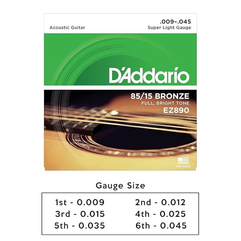 D'Addario Guitar Strings - Acoustic Guitar Strings - 85/15 Bronze - For 6 String Guitar - Full, Bright Tone - EZ890 - Super Light, 9-45 D'Addario Guitar Strings - Acoustic Guitar Strings - 85/15 Bronze - For 6 String Guitar - Full, Bright Tone - EZ890 - Super Light, 9-45