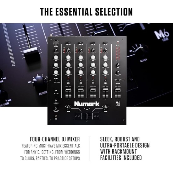 Numark M6 USB | 4-Channel Dj Mixer With On Board Interface With On-Board Audio Interface, 3-Band EQ, Club-Ready Inputs, Microphone Input And Replaceable Crossfader With Slope Control Black Numark M6 USB | 4-Channel Dj Mixer With On Board Interface With On-Board Audio Interface, 3-Band EQ, Club-Ready Inputs, Microphone Input And Replaceable Crossfader With Slope Control Black