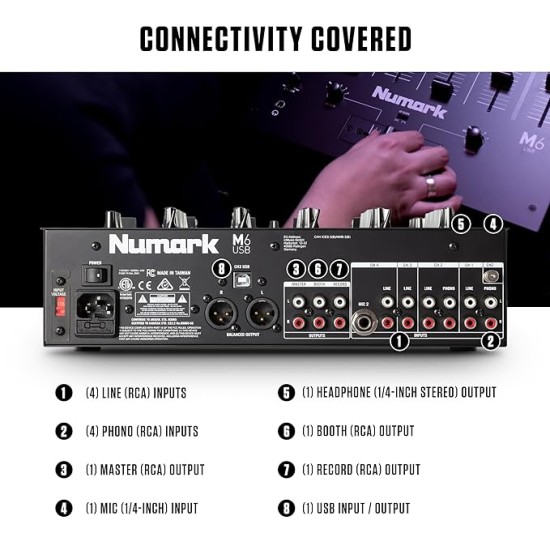 Numark M6 USB | 4-Channel Dj Mixer With On Board Interface With On-Board Audio Interface, 3-Band EQ, Club-Ready Inputs, Microphone Input And Replaceable Crossfader With Slope Control Black Numark M6 USB | 4-Channel Dj Mixer With On Board Interface With On-Board Audio Interface, 3-Band EQ, Club-Ready Inputs, Microphone Input And Replaceable Crossfader With Slope Control Black