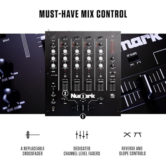 Numark M6 USB | 4-Channel Dj Mixer With On Board Interface With On-Board Audio Interface, 3-Band EQ, Club-Ready Inputs, Microphone Input And Replaceable Crossfader With Slope Control Black Numark M6 USB | 4-Channel Dj Mixer With On Board Interface With On-Board Audio Interface, 3-Band EQ, Club-Ready Inputs, Microphone Input And Replaceable Crossfader With Slope Control Black