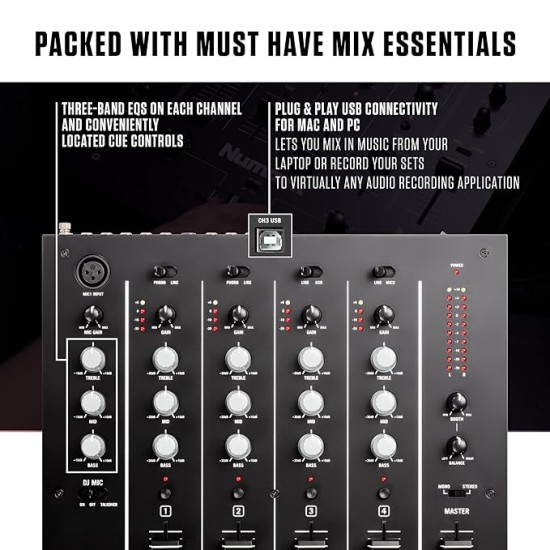Numark M6 USB | 4-Channel Dj Mixer With On Board Interface With On-Board Audio Interface, 3-Band EQ, Club-Ready Inputs, Microphone Input And Replaceable Crossfader With Slope Control Black Numark M6 USB | 4-Channel Dj Mixer With On Board Interface With On-Board Audio Interface, 3-Band EQ, Club-Ready Inputs, Microphone Input And Replaceable Crossfader With Slope Control Black