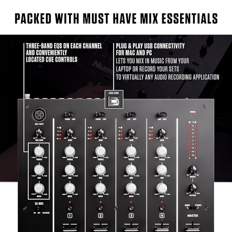 Numark M6 USB | 4-Channel Dj Mixer With On Board Interface With On-Board Audio Interface, 3-Band EQ, Club-Ready Inputs, Microphone Input And Replaceable Crossfader With Slope Control Black Numark M6 USB | 4-Channel Dj Mixer With On Board Interface With On-Board Audio Interface, 3-Band EQ, Club-Ready Inputs, Microphone Input And Replaceable Crossfader With Slope Control Black