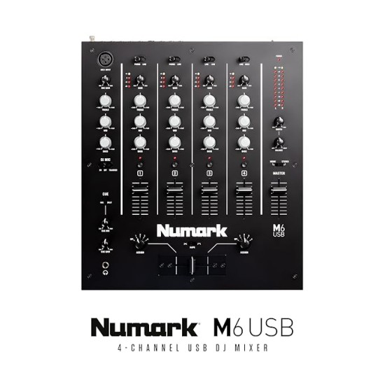 Numark M6 USB | 4-Channel Dj Mixer With On Board Interface With On-Board Audio Interface, 3-Band EQ, Club-Ready Inputs, Microphone Input And Replaceable Crossfader With Slope Control Black Numark M6 USB | 4-Channel Dj Mixer With On Board Interface With On-Board Audio Interface, 3-Band EQ, Club-Ready Inputs, Microphone Input And Replaceable Crossfader With Slope Control Black