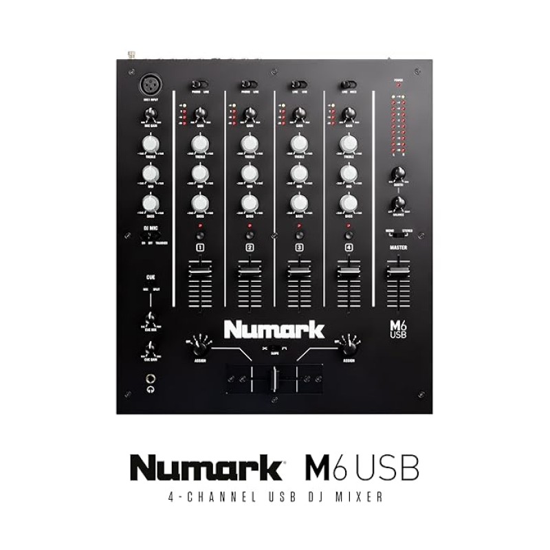 Numark M6 USB | 4-Channel Dj Mixer With On Board Interface With On-Board Audio Interface, 3-Band EQ, Club-Ready Inputs, Microphone Input And Replaceable Crossfader With Slope Control Black Numark M6 USB | 4-Channel Dj Mixer With On Board Interface With On-Board Audio Interface, 3-Band EQ, Club-Ready Inputs, Microphone Input And Replaceable Crossfader With Slope Control Black