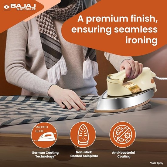 Bajaj DHX-9 1000W Heavy Weight Dry Iron | Advance Soleplate And Anti-Bacterial German Coating Technology | Cord Organizer | Multiple Temperature Levels | 